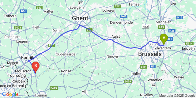 Map: Brussels Zaventem Airport (BRU) to Kooigem