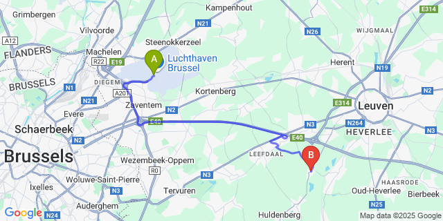 Map: Brussels Zaventem Airport (BRU) to Korbeek-Dijle