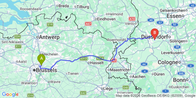 Map: Brussels Zaventem Airport (BRU) to Korschenbroich