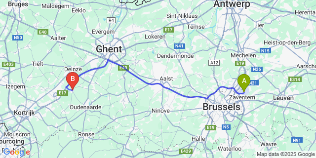 Map: Brussels Zaventem Airport (BRU) to Kruishoutem