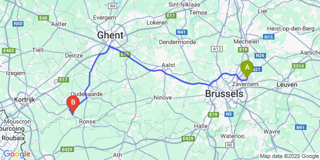 Map: Brussels Zaventem Airport (BRU) to Kwaremont
