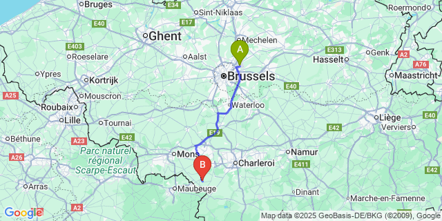 Map: Brussels Zaventem Airport (BRU) to Labuissiere