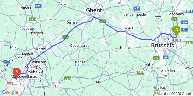 Map: Brussels Zaventem Airport (BRU) to Lambersart