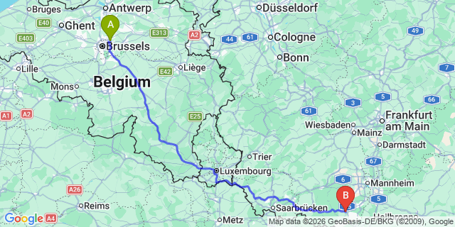 Map: Brussels Zaventem Airport (BRU) to Landau in der Pfalz