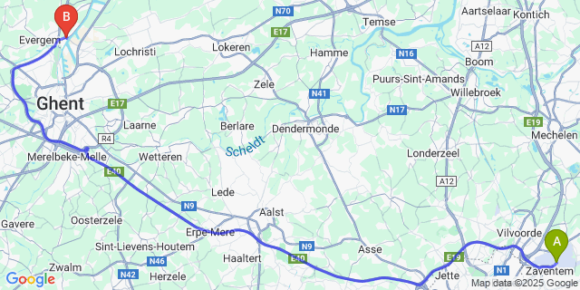 Map: Brussels Zaventem Airport (BRU) to Langerbrugge