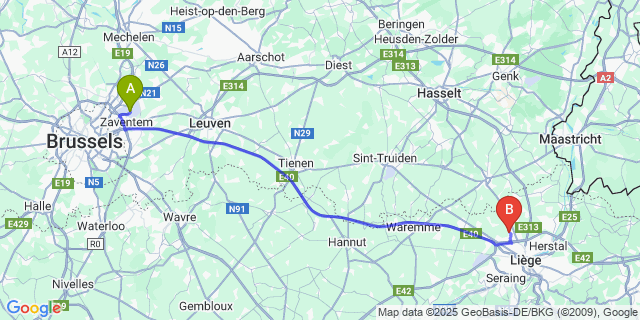 Map: Brussels Zaventem Airport (BRU) to Lantin
