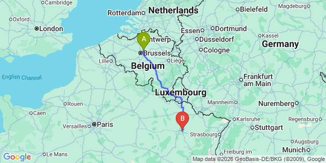 Map: Brussels Zaventem Airport (BRU) to Laxou