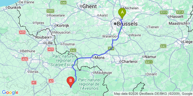 Map: Brussels Zaventem Airport (BRU) to Le Cateau-Cambrésis