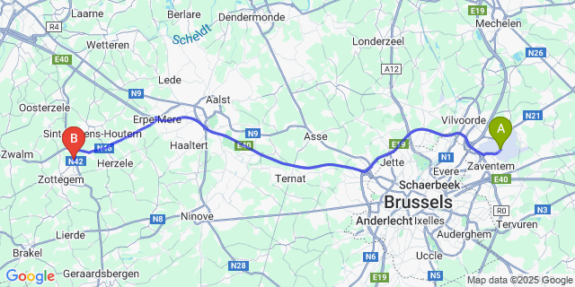 Map: Brussels Zaventem Airport (BRU) to Leeuwergem