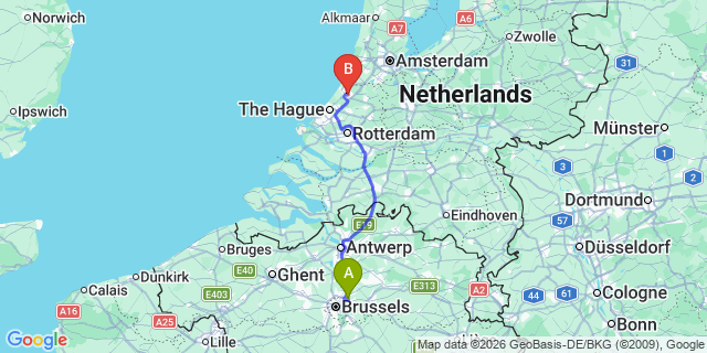 Map: Brussels Zaventem Airport (BRU) to Leiden