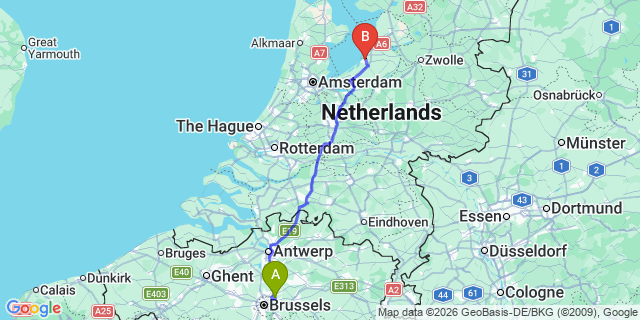 Map: Brussels Zaventem Airport (BRU) to Lelystad