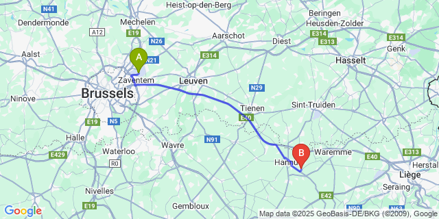 Map: Brussels Zaventem Airport (BRU) to Lens-Saint-Remy