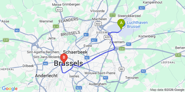 Map: Brussels Zaventem Airport (BRU) to LeoLodge, Brussels