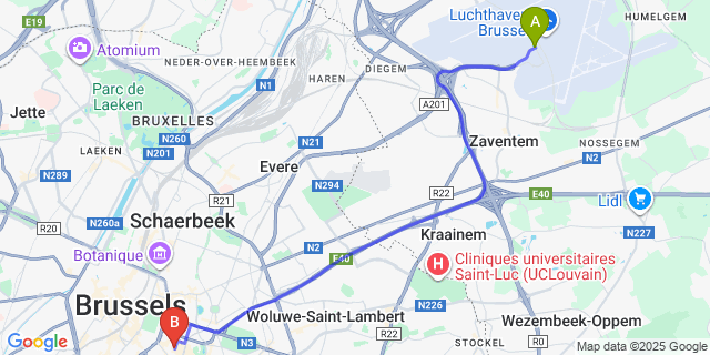 Map: Brussels Zaventem Airport (BRU) to Leopold Hotel Brussels EU