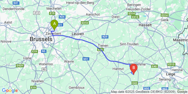 Map: Brussels Zaventem Airport (BRU) to Les Waleffes