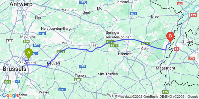Map: Brussels Zaventem Airport (BRU) to Leut