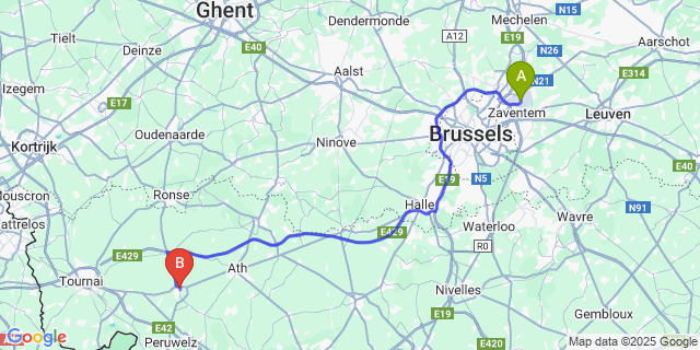 Map: Brussels Zaventem Airport (BRU) to Leuze-en-Hainaut