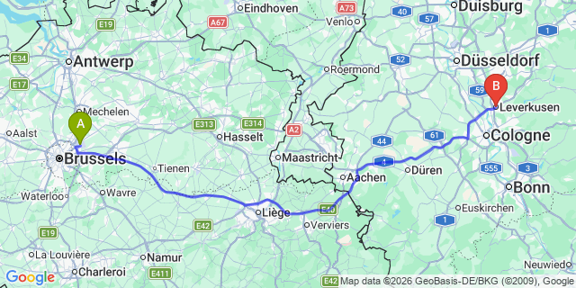 Map: Brussels Zaventem Airport (BRU) to Leverkusen