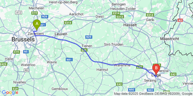 Map: Brussels Zaventem Airport (BRU) to Liège