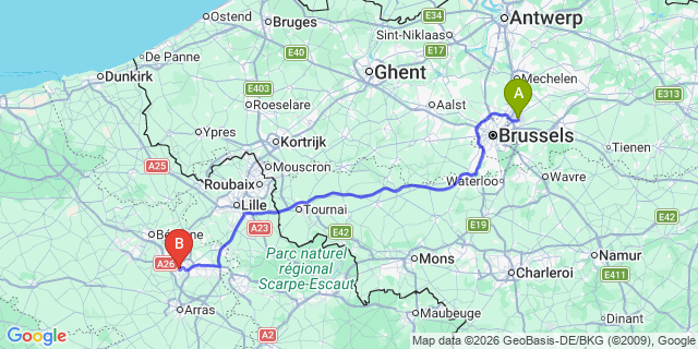 Map: Brussels Zaventem Airport (BRU) to Liévin
