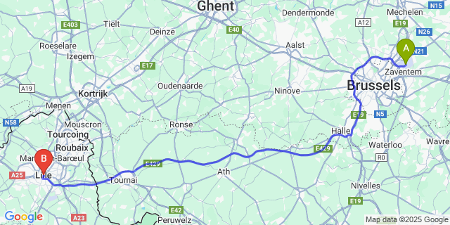 Map: Brussels Zaventem Airport (BRU) to Lille (France)