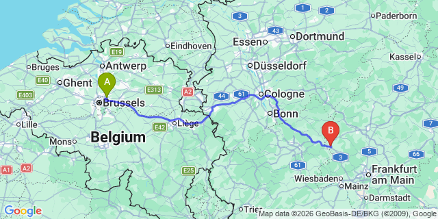 Map: Brussels Zaventem Airport (BRU) to Limburg an der Lahn