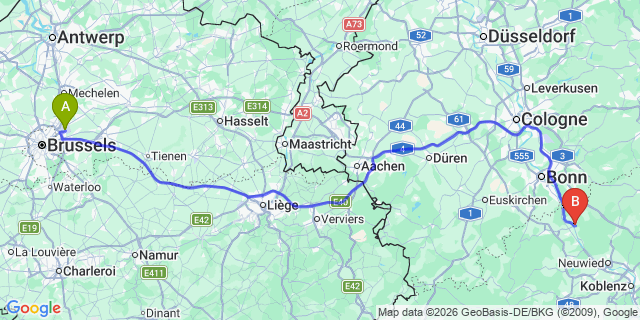 Map: Brussels Zaventem Airport (BRU) to Linz am Rhein