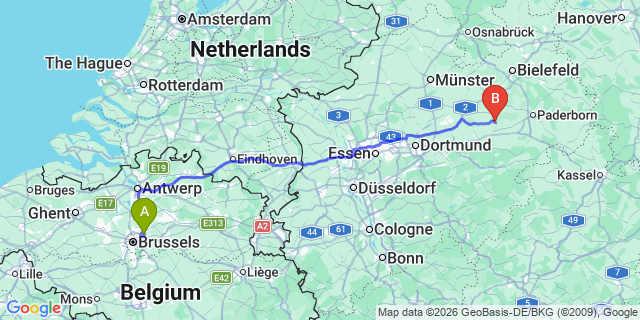 Map: Brussels Zaventem Airport (BRU) to Lippstadt