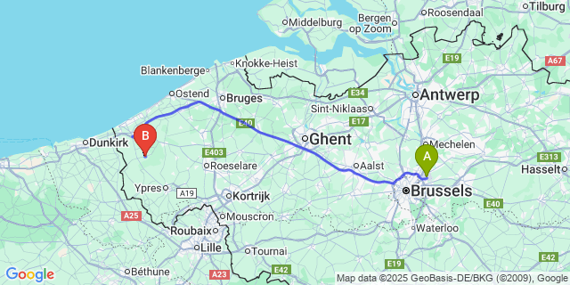 Map: Brussels Zaventem Airport (BRU) to Lo-Reninge