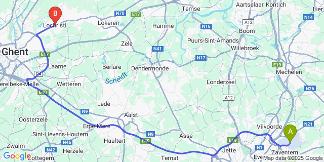 Map: Brussels Zaventem Airport (BRU) to Lochristi