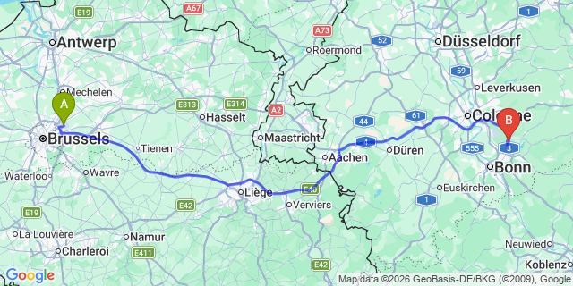 Map: Brussels Zaventem Airport (BRU) to Lohmar