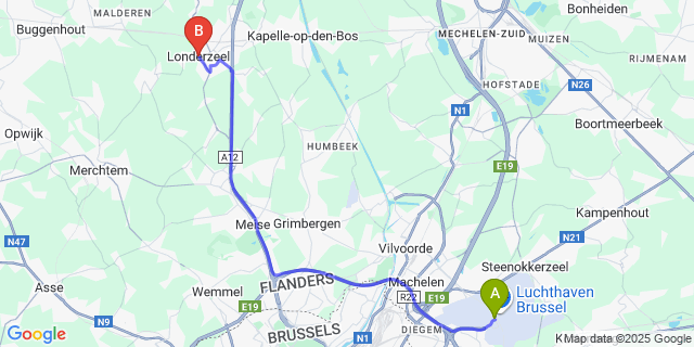 Map: Brussels Zaventem Airport (BRU) to Londerzeel