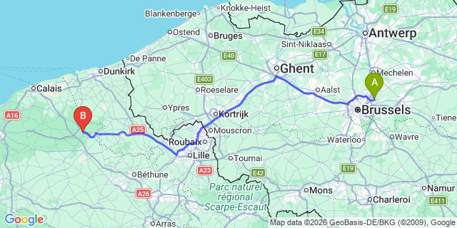 Map: Brussels Zaventem Airport (BRU) to Longuenesse