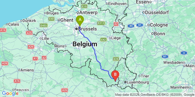Map: Brussels Zaventem Airport (BRU) to Longwy