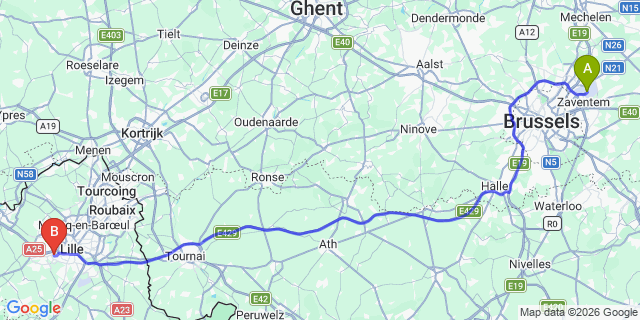 Map: Brussels Zaventem Airport (BRU) to Loos
