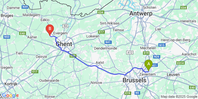 Map: Brussels Zaventem Airport (BRU) to Lovendegem