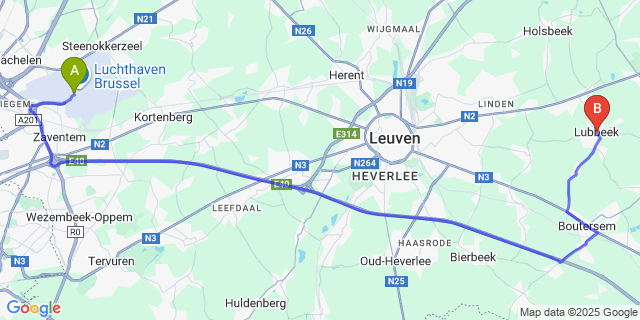 Map: Brussels Zaventem Airport (BRU) to Lubbeek