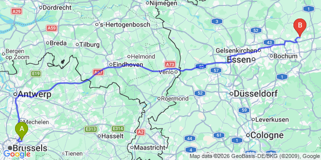 Map: Brussels Zaventem Airport (BRU) to Lünen