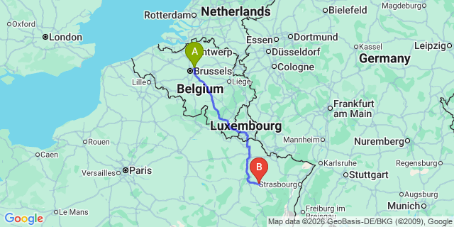 Map: Brussels Zaventem Airport (BRU) to Lunéville