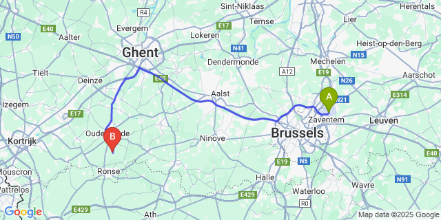 Map: Brussels Zaventem Airport (BRU) to Maarkedal