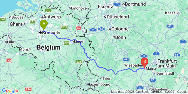 Map: Brussels Zaventem Airport (BRU) to Mainz