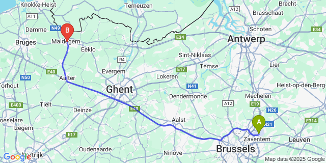 Map: Brussels Zaventem Airport (BRU) to Maldegem