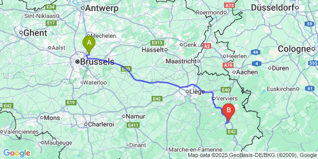 Map: Brussels Zaventem Airport (BRU) to Malmédy