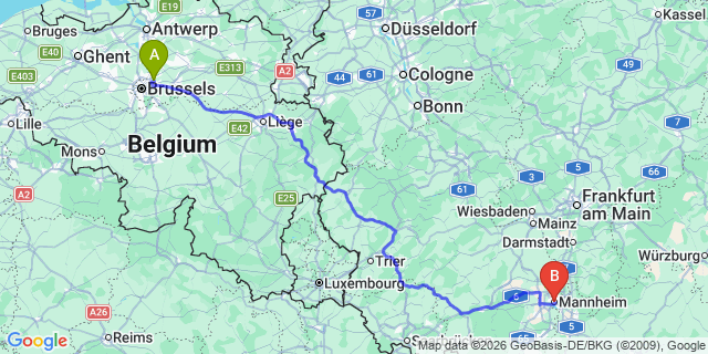 Map: Brussels Zaventem Airport (BRU) to Mannheim