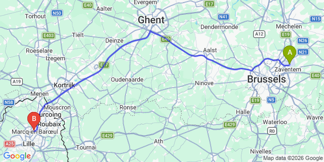 Map: Brussels Zaventem Airport (BRU) to Marcq-en-Barœul