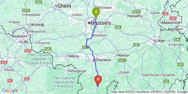 Map: Brussels Zaventem Airport (BRU) to Mariembourg