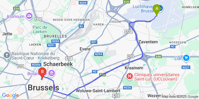 Map: Brussels Zaventem Airport (BRU) to Marivaux Hotel, Brussels