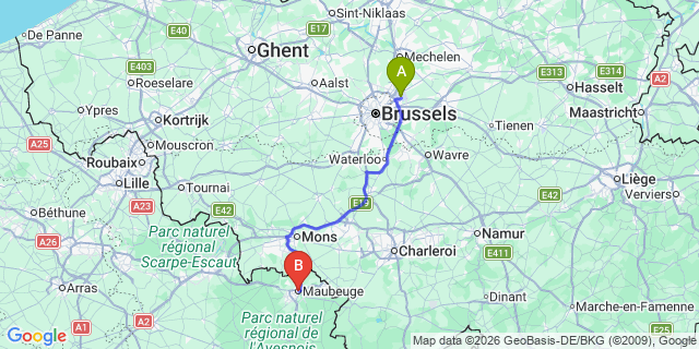 Map: Brussels Zaventem Airport (BRU) to Maubeuge