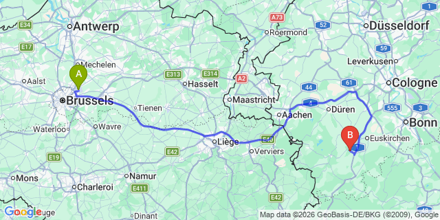 Map: Brussels Zaventem Airport (BRU) to Mechernich