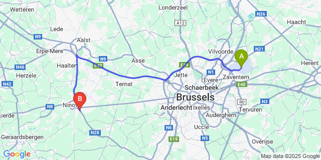 Map: Brussels Zaventem Airport (BRU) to Meerbeke